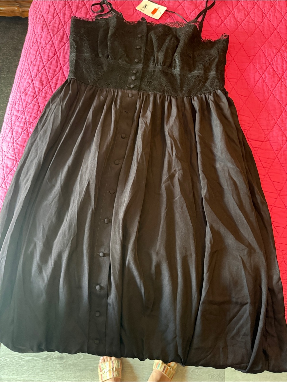 Lucky Brand Black Lace Bodice Midi Dress with Button Front